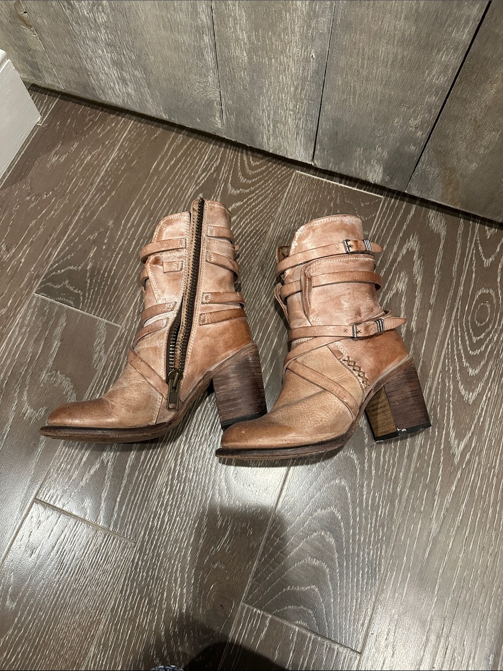 Women's Brown Leather Ankle Boots with Buckle Straps FREE BIRD BRAND